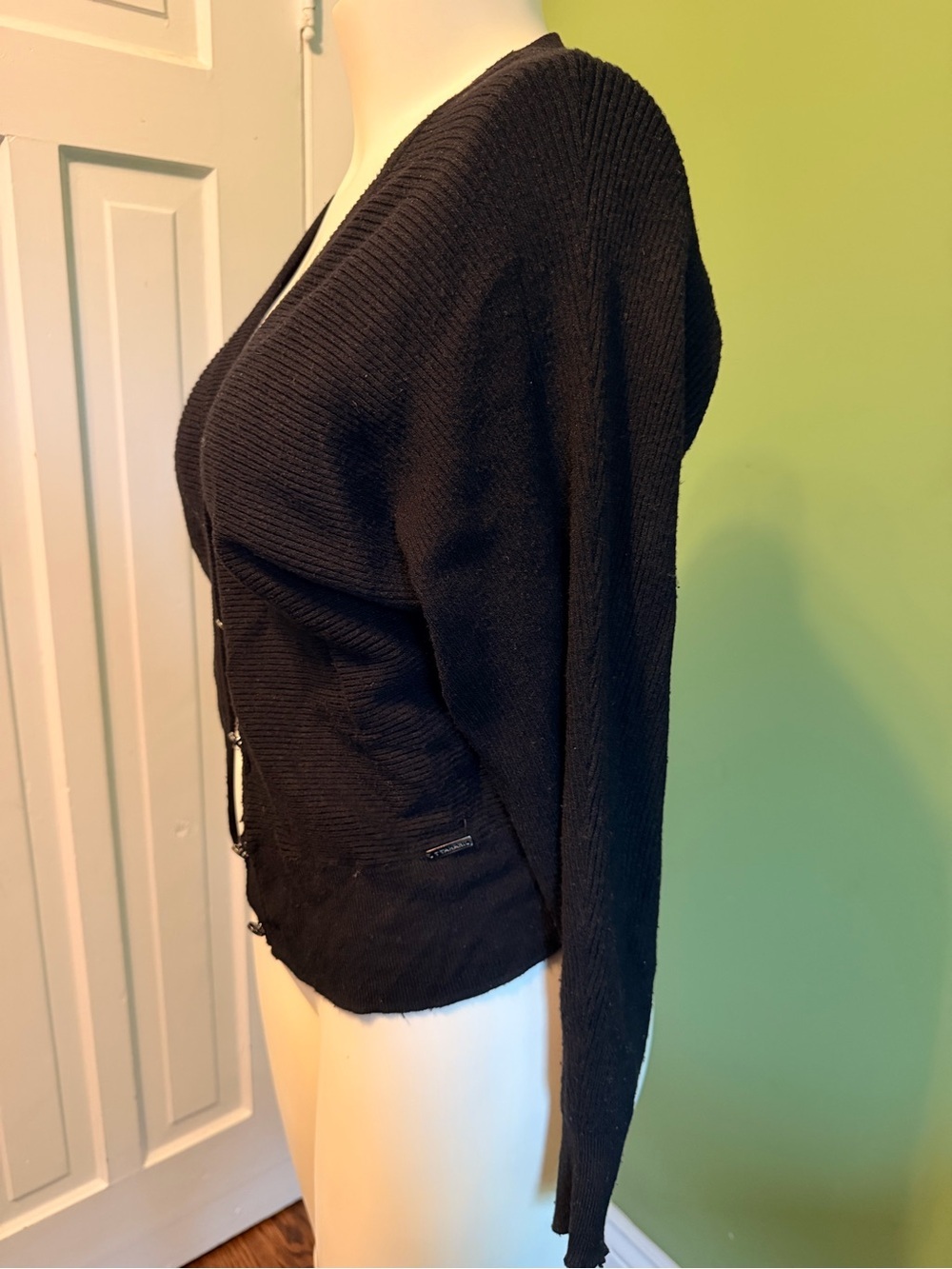 Tahari Black Ribbed V-Neck Button-Front Cardigan - Picture 2 of 7